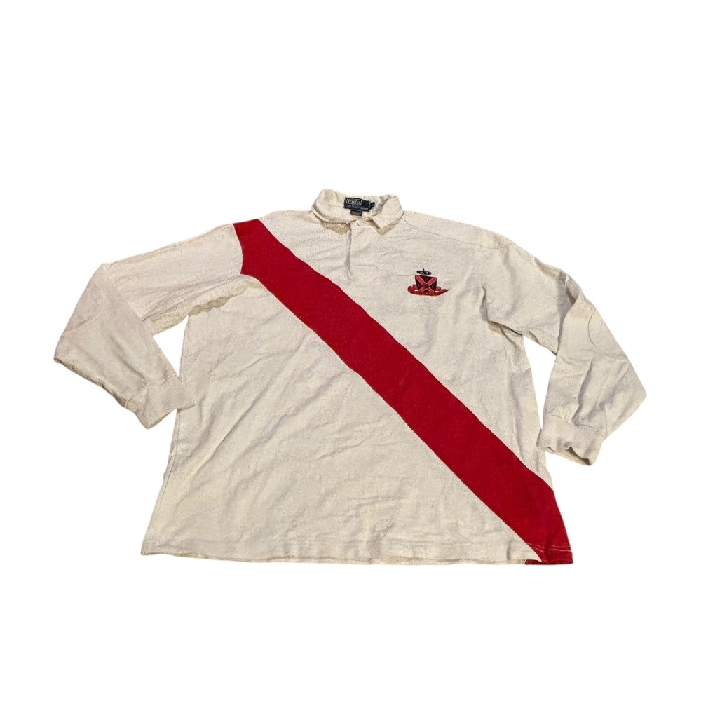 Polo Ralph Lauren Mens Rugby Shirt Cream Red Sash Crest Number 17 Long Sleeve M